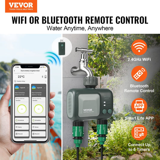 WiFi Sprinkler Timer, 2 Outlets, Smart Hose Faucet Water Timer With Brass Inlet, APP Control Via 2.4Ghz WiFi Or Bluetooth, Voice Control With Alexa And Google Assistant, IPX6 For Yard Watering